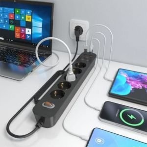 Regleta con Interruptor Aisens ASPS-2A2C15-BK/ 5 Tomas de Corriente/ 2 USB - 2 USB Tipo-C/ Cable 1.4m/ Negro