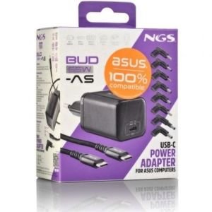 Cargador de Portátil GaN NGS BUD65W-AS para Asus/ 1xUSB Tipo-C/ 65W/ Automático/ 8 Conectores/ Voltaje 5-20V