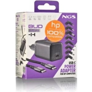Cargador de Portátil GaN NGS BUD65W-H para HP/ 1xUSB Tipo-C/ 65W/ Automático/ 8 Conectores/ Voltaje 5-20V
